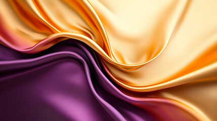 Abstract Silk Fabric Swirls in Golden and Purple Hues Creating Elegant Drapery with Smooth Shiny Texture