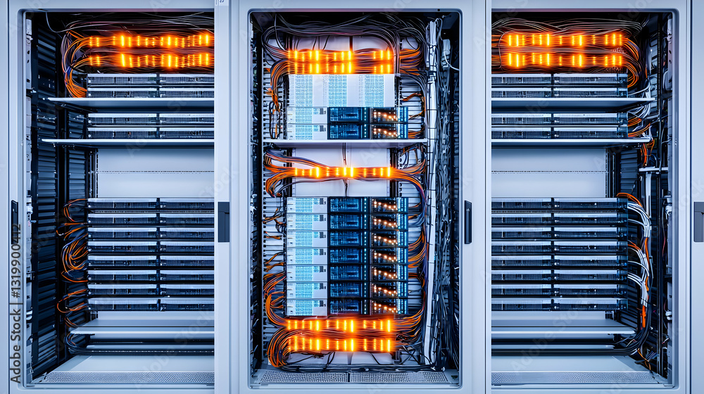 Poster server racks with illuminated components in a modern data center showcasing complex wiring and advan