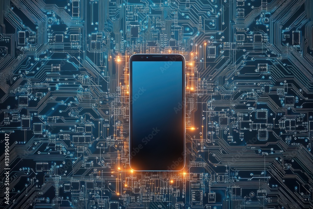 Poster modern smartphone surrounded by intricate circuit board design in a digital space