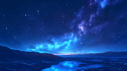 Naklejka premium Serene night sky over a tranquil lake reflecting stars and distant mountains under a vibrant aurora