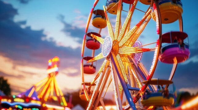 Colorful Ferris Wheel at Sunset in Vibrant Carnival Atmosphere