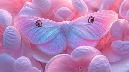 Pink moth, flowers, soft light, serene, nature, design