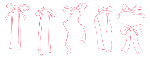 Hand drawn ink bows with ribbons. Girly design elements for weddings, bachelorette parties and birthdays. Vector illustration. Isolated.