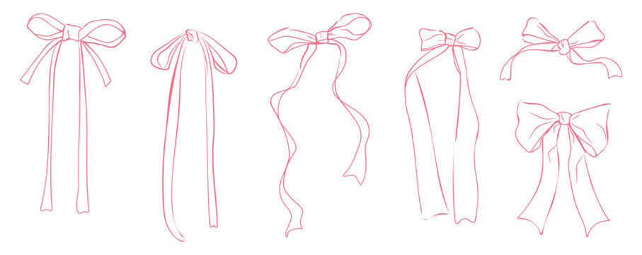Hand drawn ink bows with ribbons. Girly design elements for weddings, bachelorette parties and birthdays. Vector illustration. Isolated.
