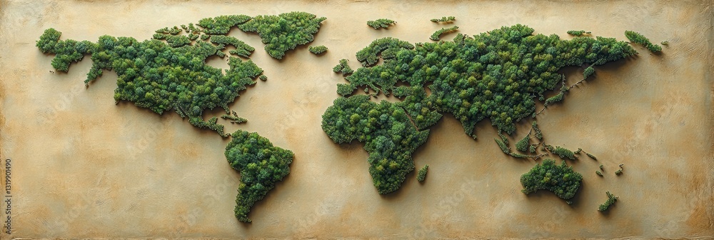 Poster world map covered in lush greenery highlighting environmental themes and global connection