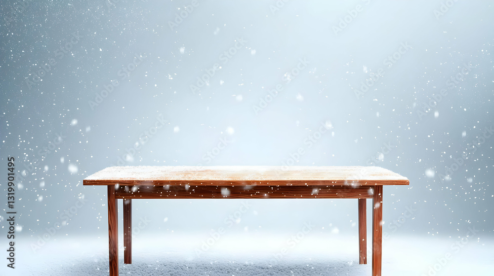 Poster empty wooden table covered with snow against a soft blue winter background with gently falling snowf
