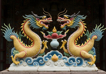 Fototapeta premium colorful ceramic Chinese dragons standing on white background