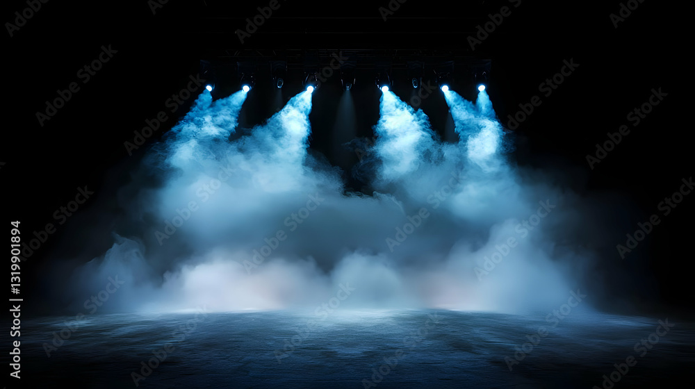 Poster dramatic blue stage lighting with smoke and fog on a dark background creating an atmospheric scene f
