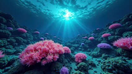 Fototapeta premium Sunlight illuminating a coral reef affected by coral bleaching 