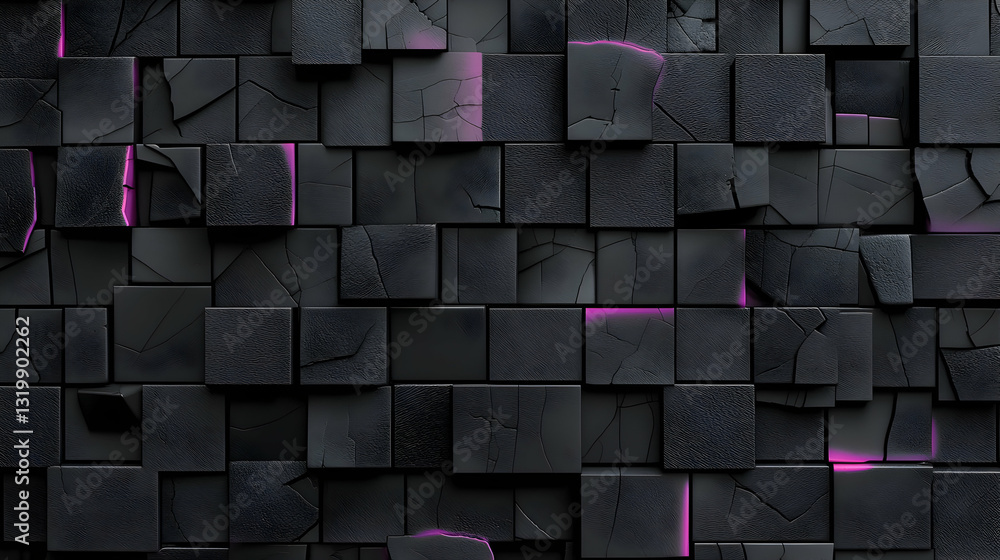 Poster dark abstract cubes with pink glow and cracks creating a modern geometric wall texture pattern