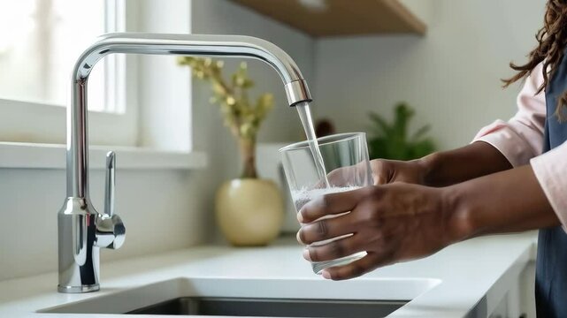 A person fills a glass with clean water from a modern faucet in a bright kitchen. Concept of: Hydration wellness.