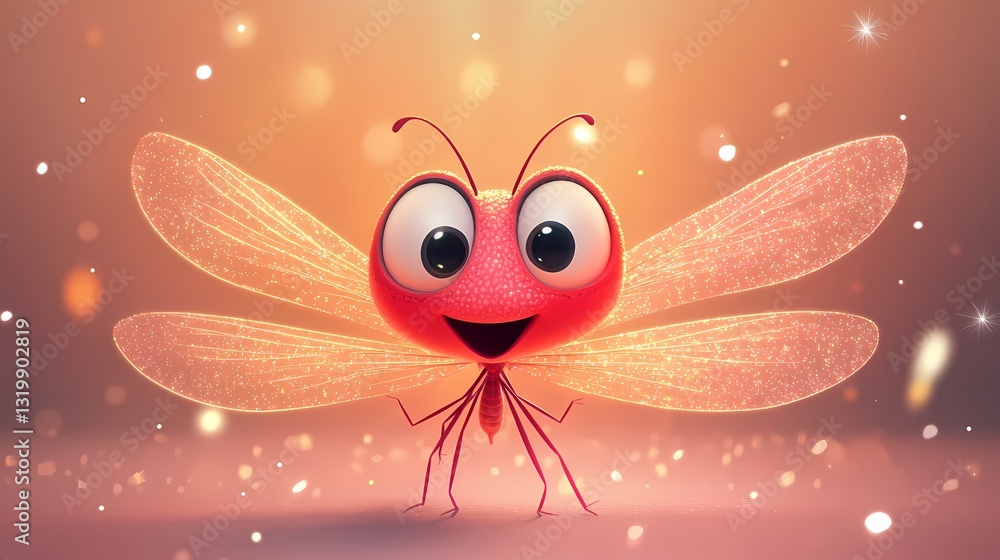 Poster funny cartoon dragonfly with a surprised face and sparkles around it on a simple background
