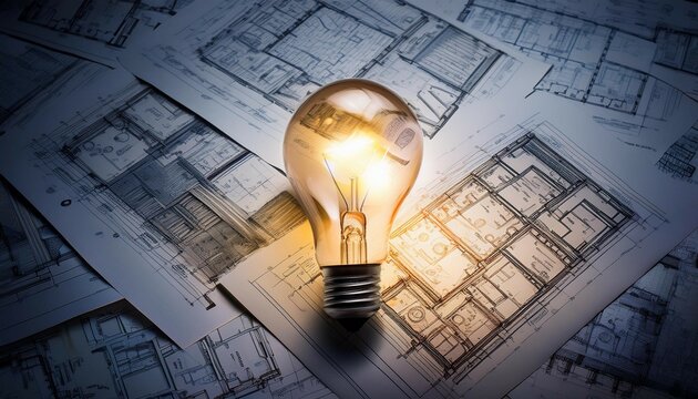 idea realized a lightbulb resting among scattered plans representing innovation