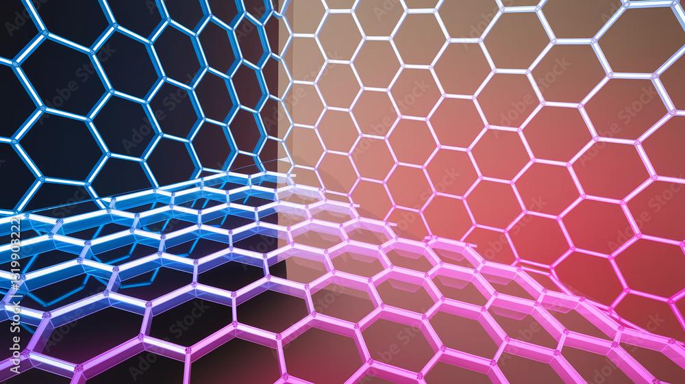 Poster abstract 3d rendering of hexagonal geometric pattern, glowing blue and pink, creating a futuristic o