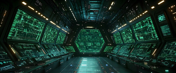 Futuristic Glowing Interior Corridor With Green Screens