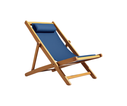 Wooden Folding Beach Deck Chair with Navy Blue Canvas Featuring Adjustable Reclining Position and Classic Design Isolated on Transparent and White Background