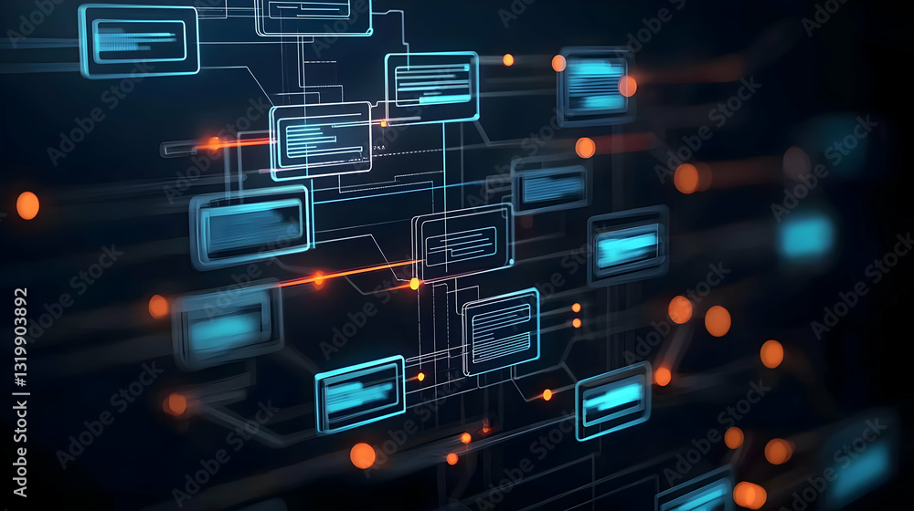 Poster abstract digital network visualization with blue nodes and orange connections on dark background
