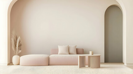 Modern Minimalist Living Room Interior With Pink Sofa Beige Walls Arched Doorway and Patterned Rug in Soft Daylight