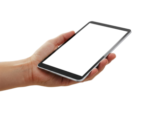A hand holding a black tablet with a transparent screen.