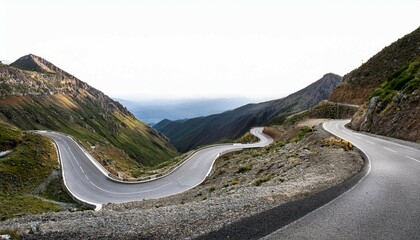 serpentine mountain road a journey through majestic peaks isolated winding road perfect for travel adventure and nature themed designs crisp white background for easy integration into