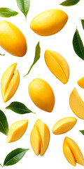 Naklejka premium Ripe Golden Mangoes Whole And Sliced With Green Leaves On Transparent Background, PNG