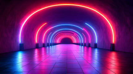 Neon Tunnel With Colorful Glowing Arches
