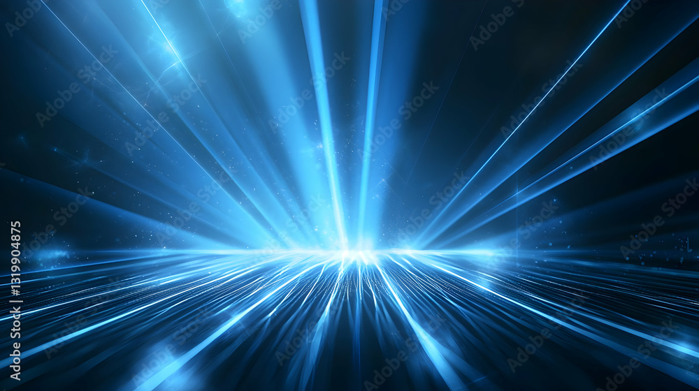 Poster vivid blue light rays emanating from horizon with digital grid pattern abstract background