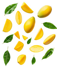 Ripe Mango Slices and Leaves on Transparent Background, PNG