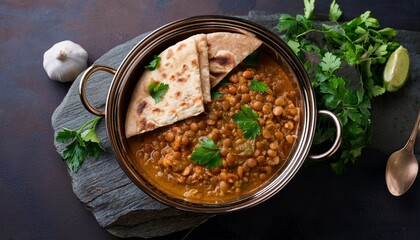 delicious lentil curry served with flatbread and fresh herbs