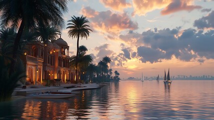 Serene sunset over a tranquil waterfront with elegant architecture and palm trees.