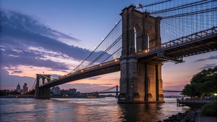 Fototapeta premium The iconic Brooklyn Bridge at twilight, with its majestic stone towers and suspension cables silhouetted against a colorful evening sky. Perfect for travel themes, New York City landmarks, and archite