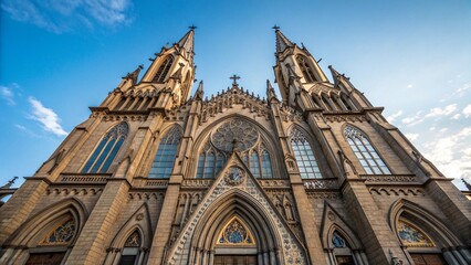 Fototapeta premium Imposing gothic cathedral exterior with towering spires reaching towards a bright blue sky, showcasing impressive stone architecture. Perfect for illustrating themes of religious architecture, Europea