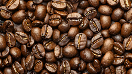 Obraz premium Detailed overhead shot of numerous roasted coffee beans showcasing rich brown hues glistening with natural oils and irregular shapes with rough