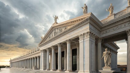 Dramatic architectural shot of a classical Greek-style building with imposing columns and statues against a stormy sky, conveying grandeur and timelessness.
