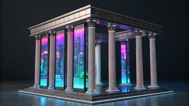 Urban scene at dusk featuring classical pillars juxtaposed with modern buildings illuminated by neon lights. Perfect for illustrating themes of urban architecture, city nightlife, and the blend of cla