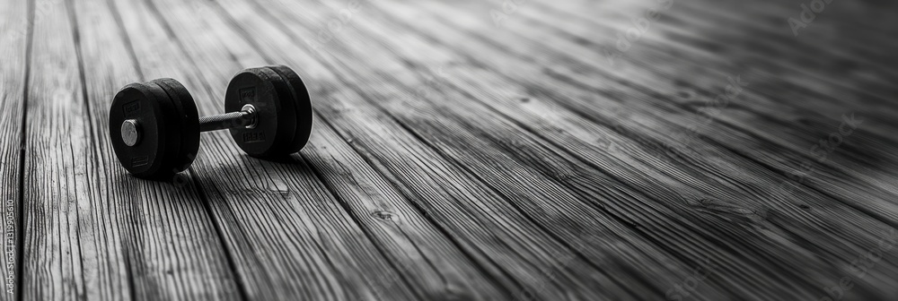 Poster Black and white minimalist dumbbells on textured wooden floor create an elegant and serene fitness atmosphere with negative space and structured lines