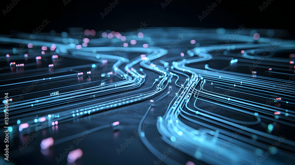 Poster abstract blue network data lines flow across dark background representing digital connectivity and m
