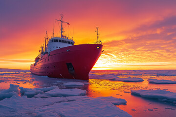 Naklejka premium an icebreaker under a vivid polar sunrise, its red hull glistening in the golden light, surrounded by ice sheets reflecting warm tones, a wide-angle shot emphasizing the serenity of the scene