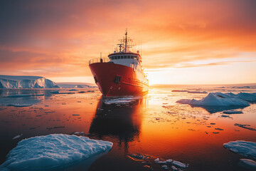 an icebreaker under a vivid polar sunrise, its red hull glistening in the golden light, surrounded by ice sheets reflecting warm tones, a wide-angle shot emphasizing the serenity of the scene