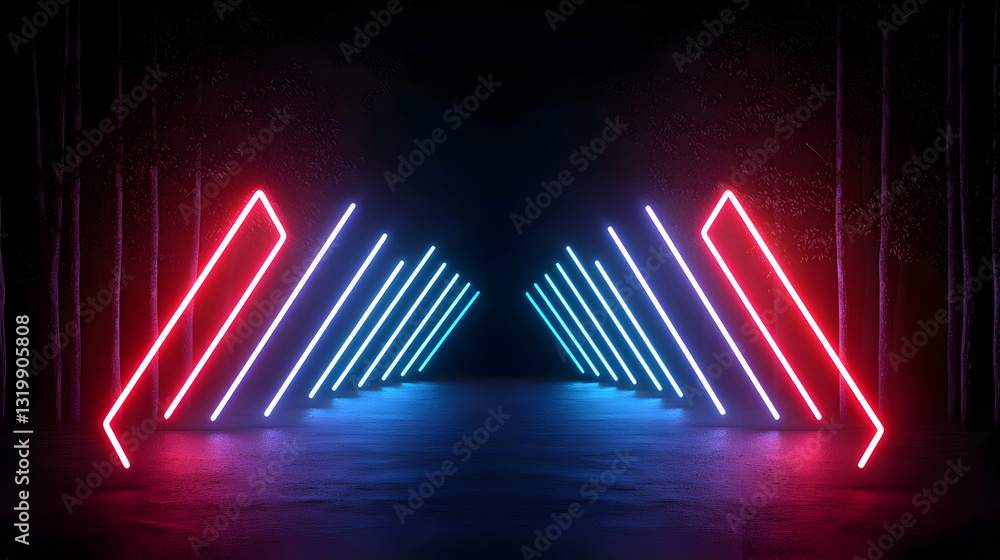 Poster vivid red and blue neon glowing lines tunnel in dark empty space futuristic background with 3d rende