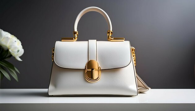 classic elegance a timeless white leather handbag with gold accents displayed on a pedestal against a minimalist backdrop it radiates sophistication and timeless appeal