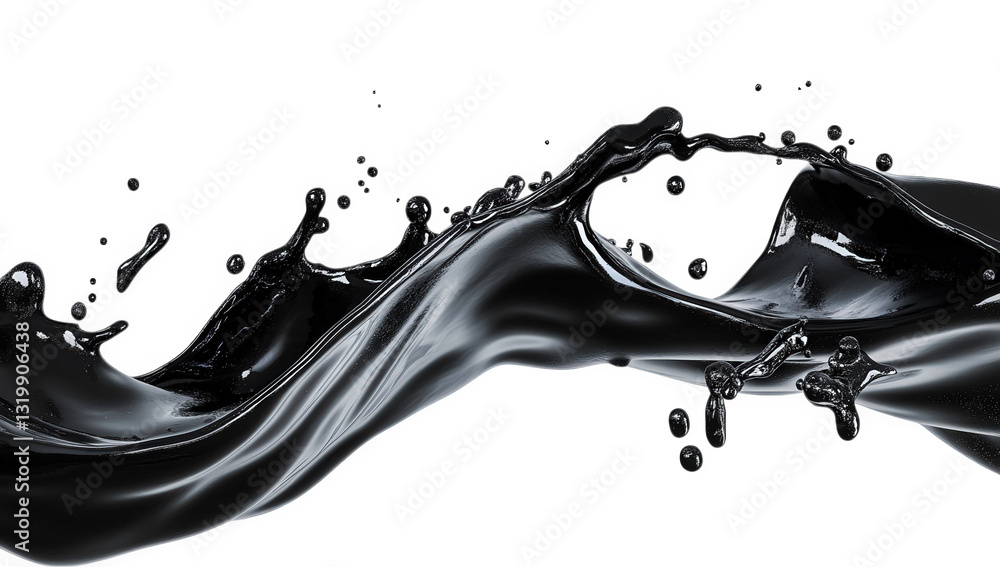Poster a dynamic splash of black liquid showcasing fluid motion and texture against a light background emph