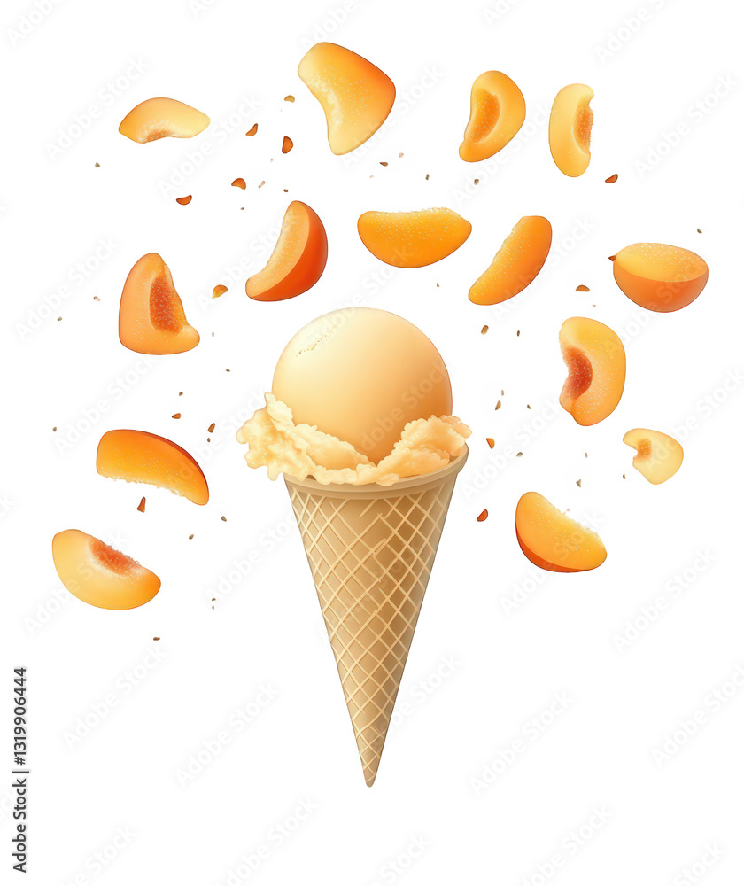 Aufkleber an ice cream cone topped with a scoop of peach-flavored ice cream surrounded by floating peach slice