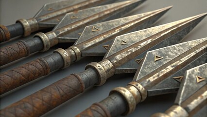 Row of crafted spears with sharp metal points and wrapped wooden shafts, detailed studio shot