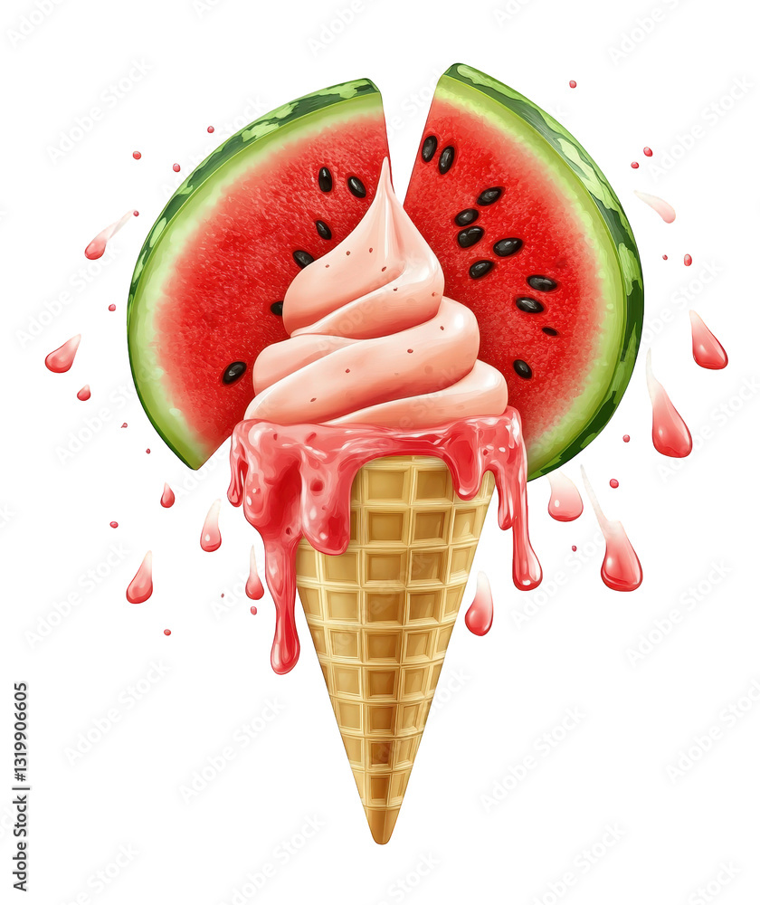 Poster a whimsical design of a soft-serve ice cream cone topped with a vibrant watermelon slice dripping wi