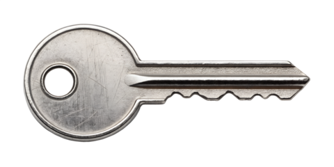Close-up of a modern metal house key with a circular head, isolated on white or transparent background.