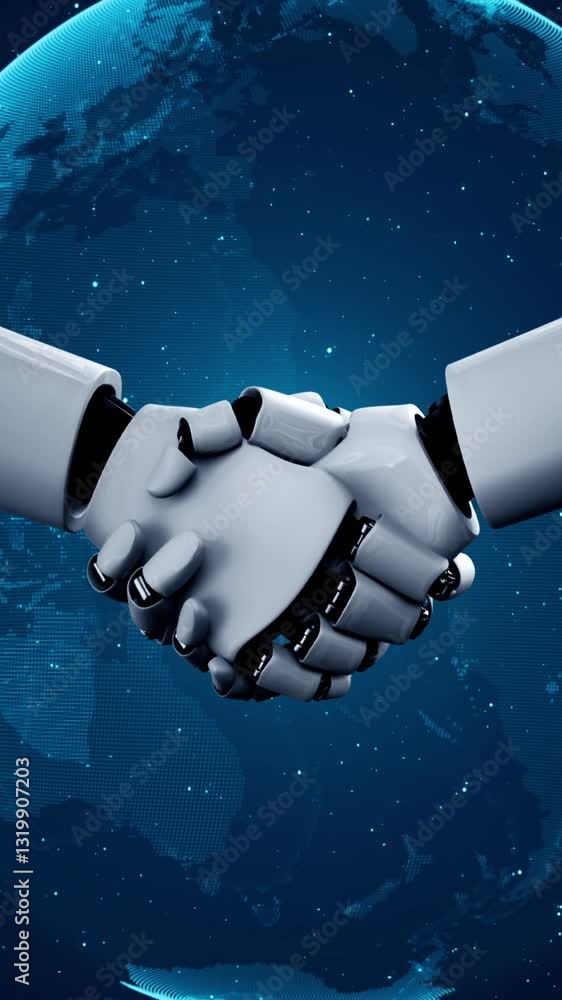 Poster 3d rendering hominoid robot handshake to collaborate future technology development by ai thinking br