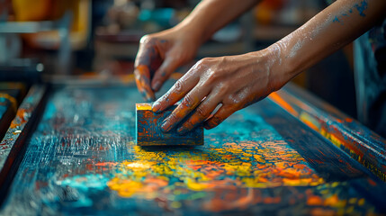 Obraz premium Artist Hands Applying Colorful Paint With Block Printing on Table in Studio with Streaks of Blue and Yellow