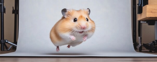 An adorable hamster appears to be floating midair against a white backdrop