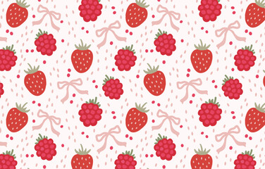 Seamless pattern with strawberries and raspberries. Vector background with ripe berries and bows. Color print with red berries and pink bows on a light pink background. Background with fruits
